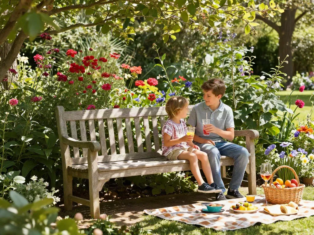 Charles Taylor Garden Seating in a sunny garden, perfect for family gatherings.