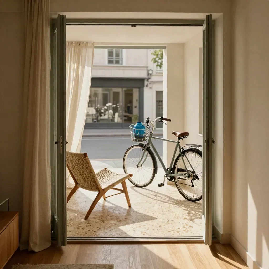 Appartement met open deuren naar terras, rieten stoel en fiets bij de entree in zacht licht.
