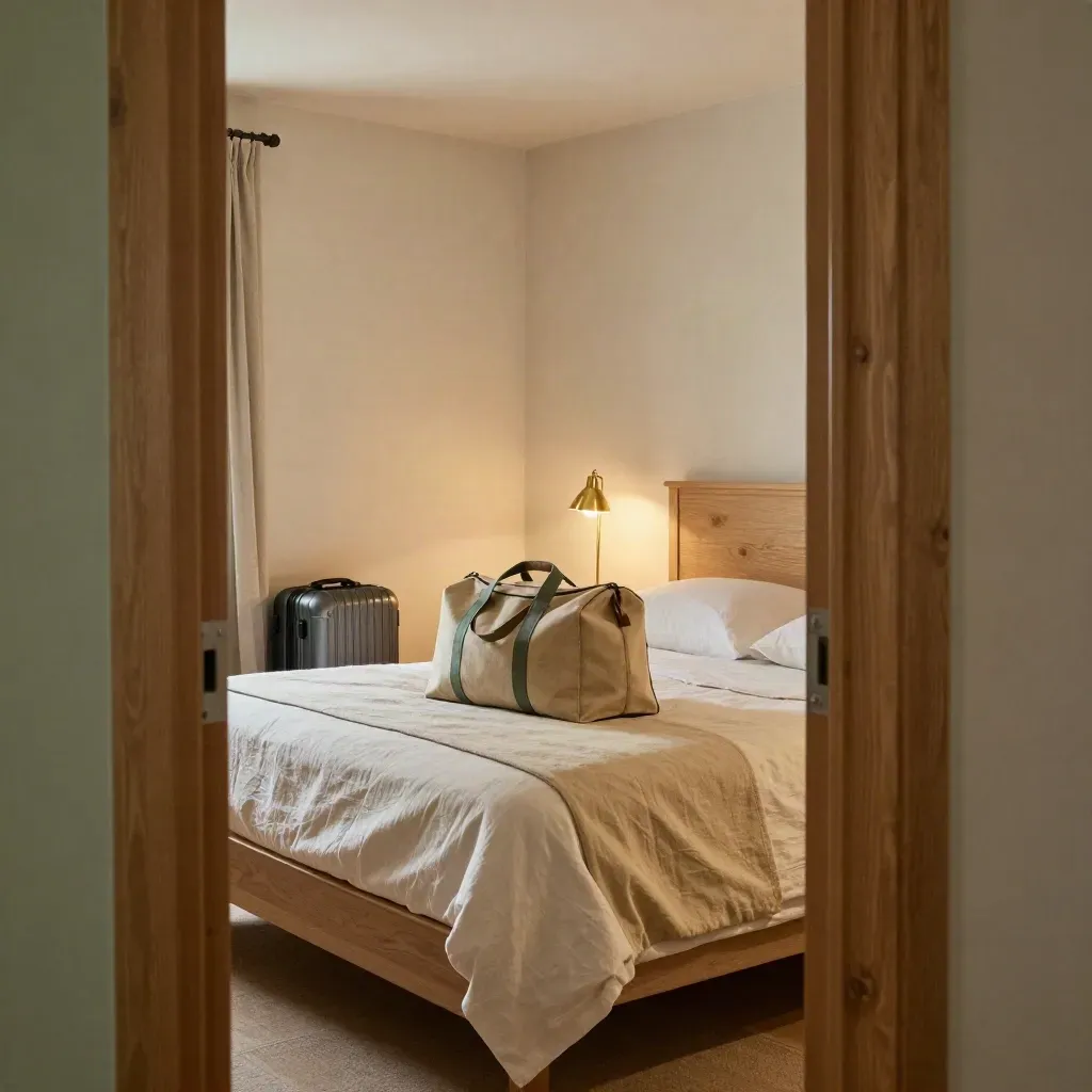 Compacte gastenkamer met opgemaakt bed, reistas en brandende lamp in Domburg.