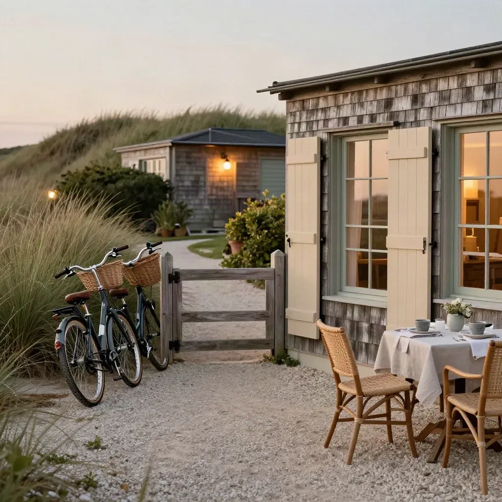 Dunehuis met tuinhek, fietsen en gedekte terrastafel in warm avondlicht
