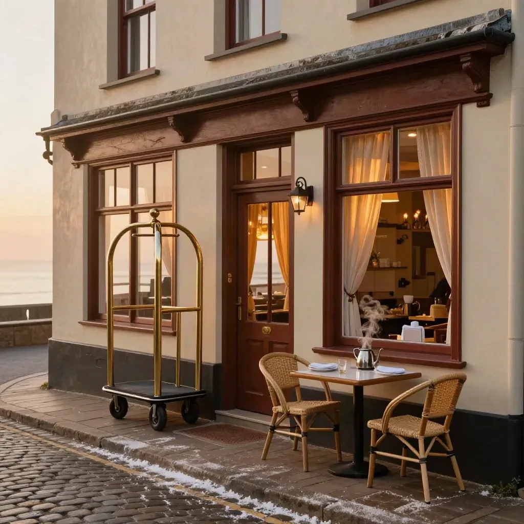 Gevel van een klein hotel aan zee met warme ramen, bagagekar en ontbijtterrassen.