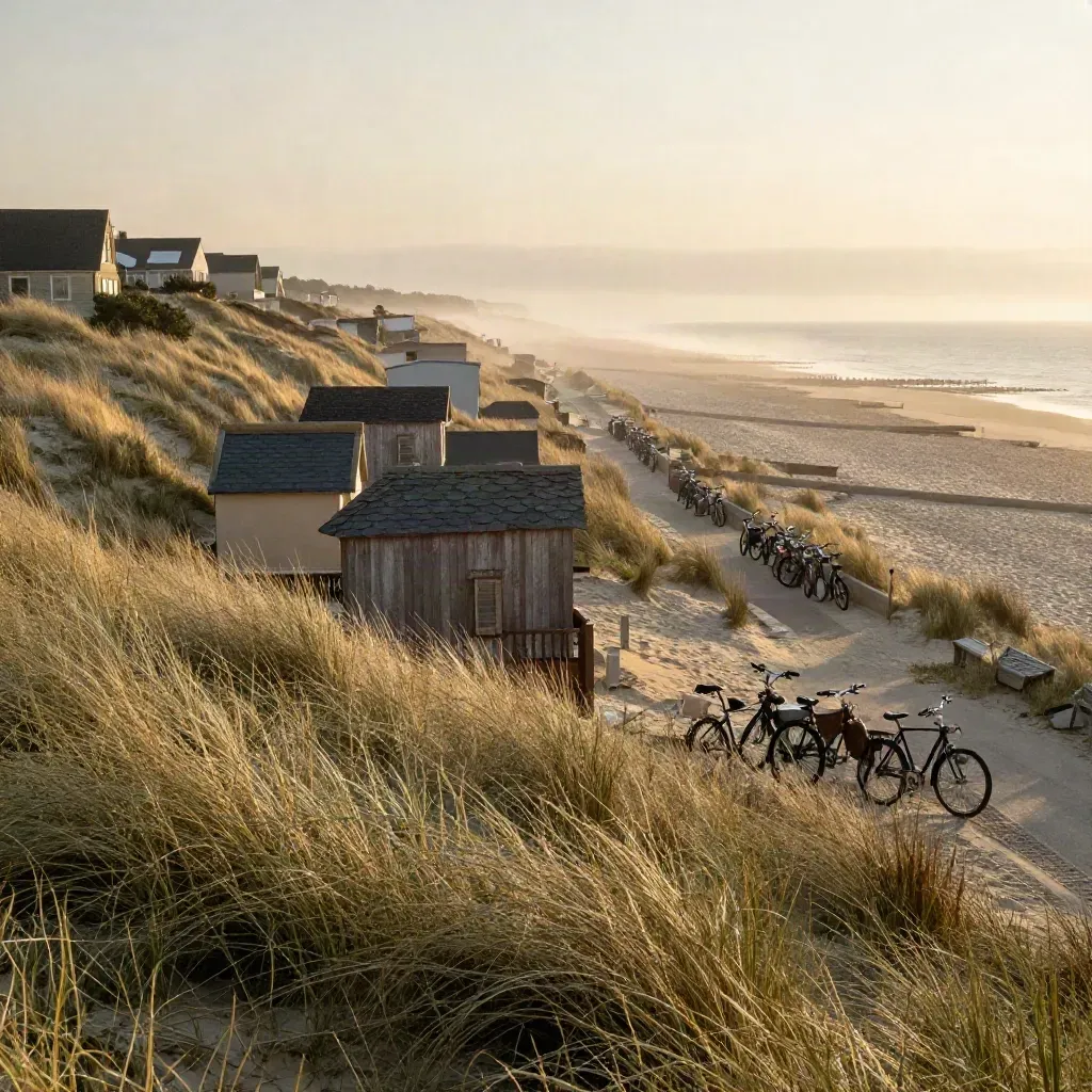 Duingras, vakantiehuizen, hoteldaken en fietsen langs de kust bij zonsopkomst.