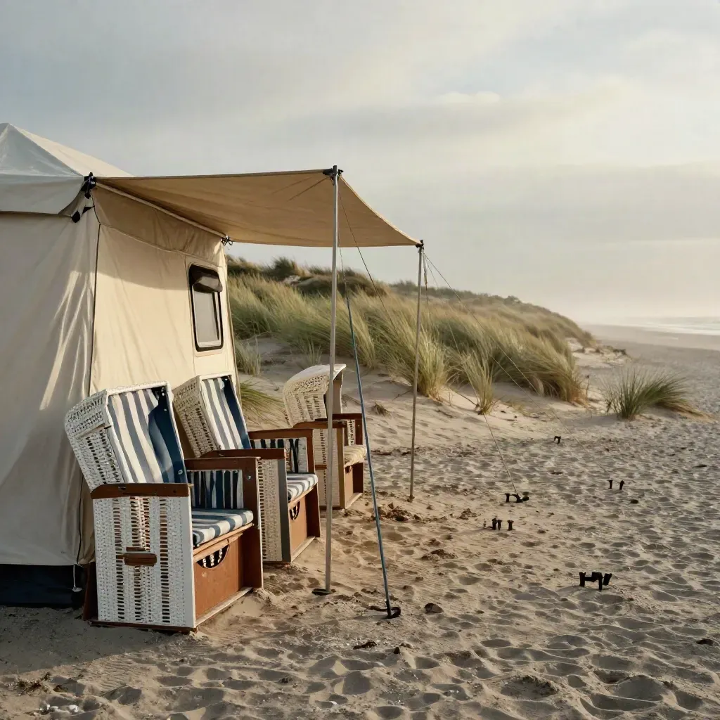 Kampinge rand bij duinen met tent, caravanluifel en strandstoelen in wind en zonlicht.