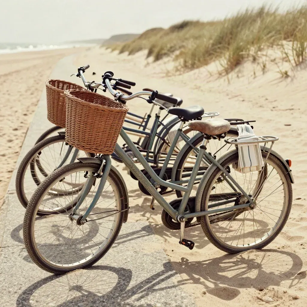 Rij huurfietsen met rieten manden naast een strandpad en schelpenbankje in Domburg.