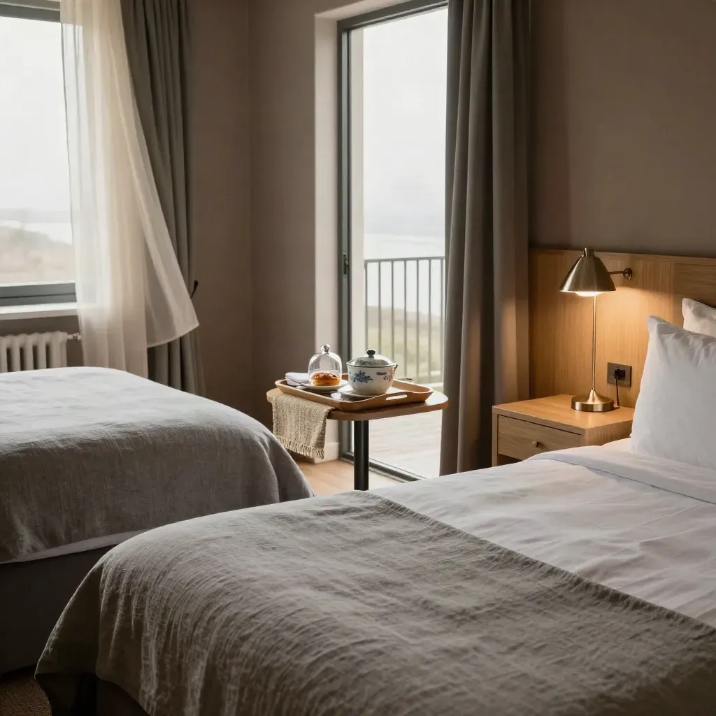 Compact hotelkamer met twee opgemaakte bedden, open balkon en ontbijt op tafel.