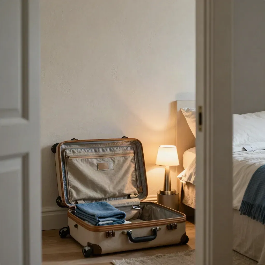 Studiokamer met koffer, lamp aan en sleutelkaart naast het bed in Domburg.