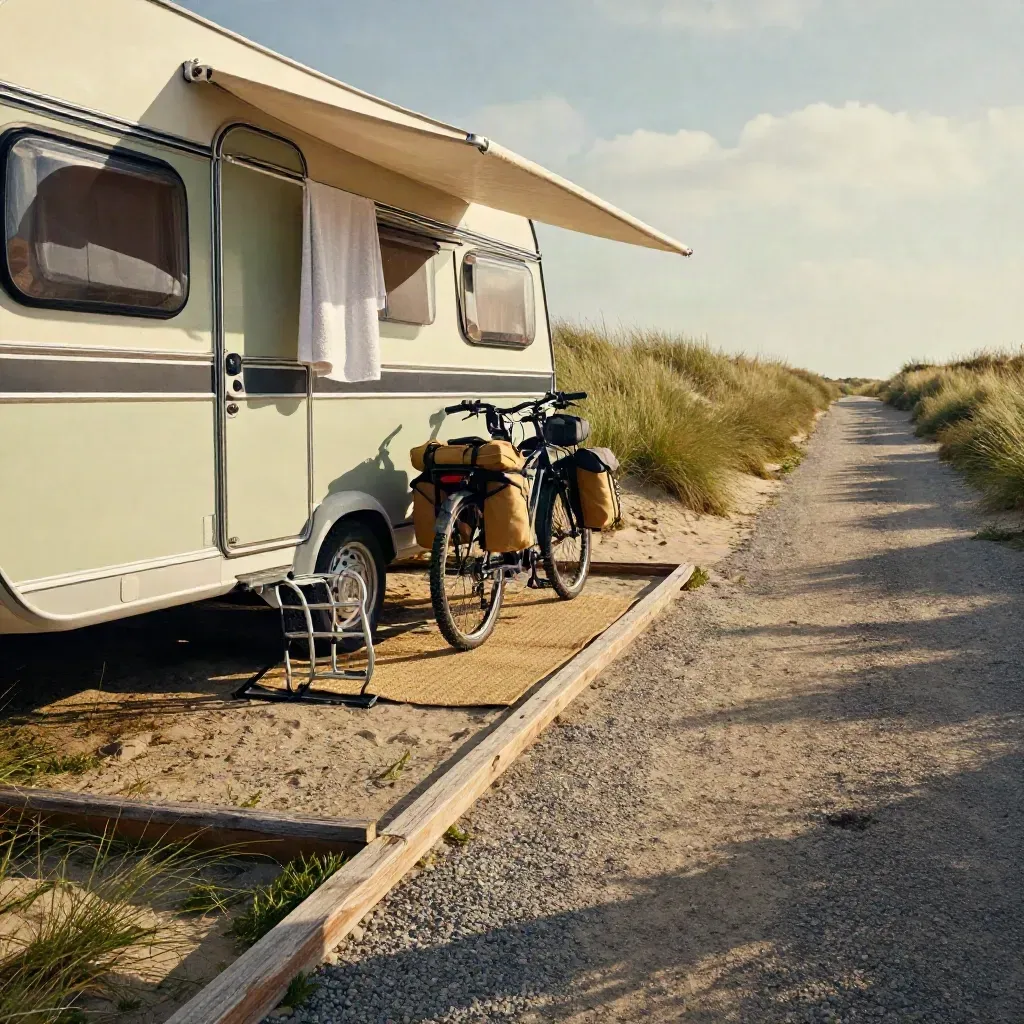 Kampeerplek naast fietspad met caravan, windscherm en droogdoek in duinlicht.