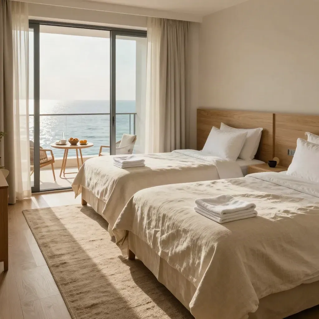 Appartement met twee bedden, ontbijt op tafel en zeezicht door open balkondeuren.