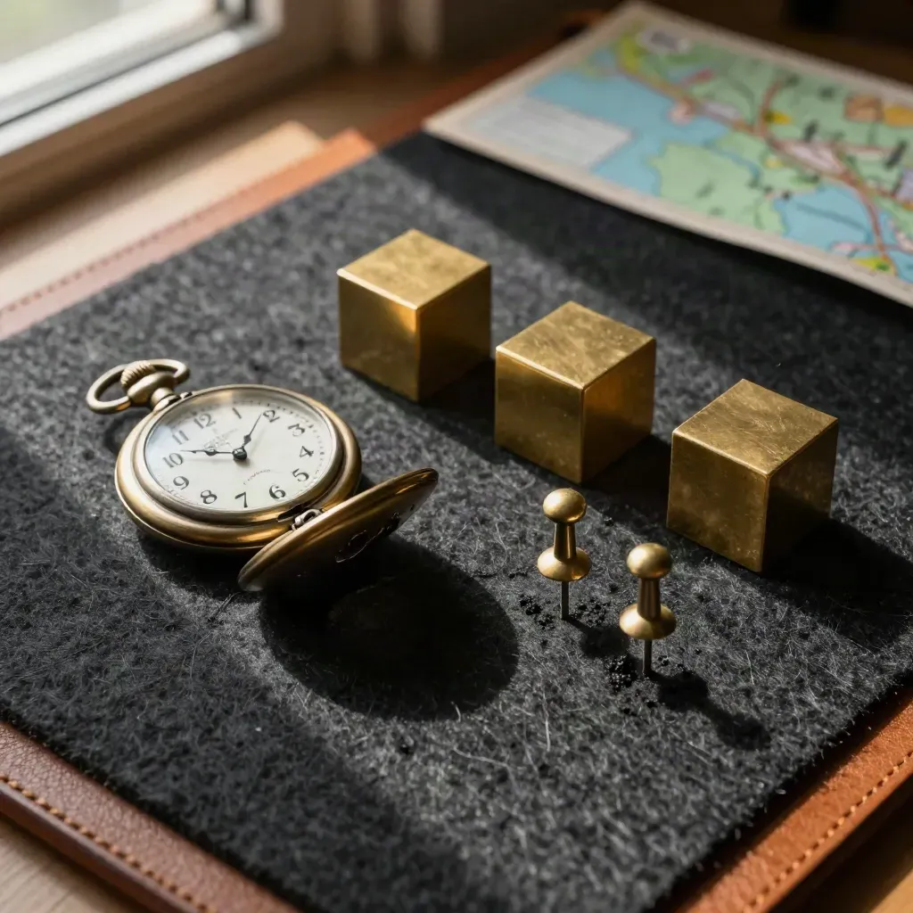 Zakhorloge, brass planning blocks en routepinnen op donker vilt met zachte schaduw.