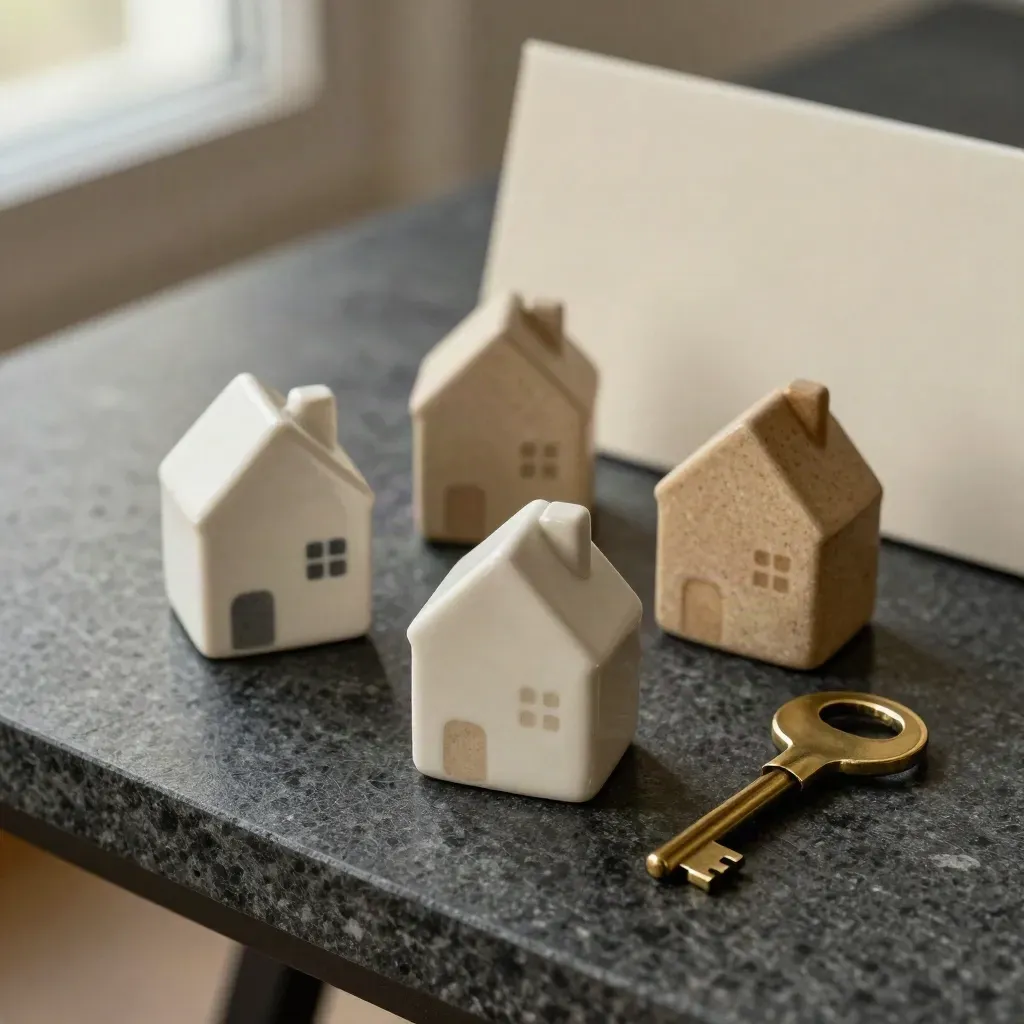 Drie keramische huisjes en een messing sleutel op donkere steen, één huisje naar voren geschoven.