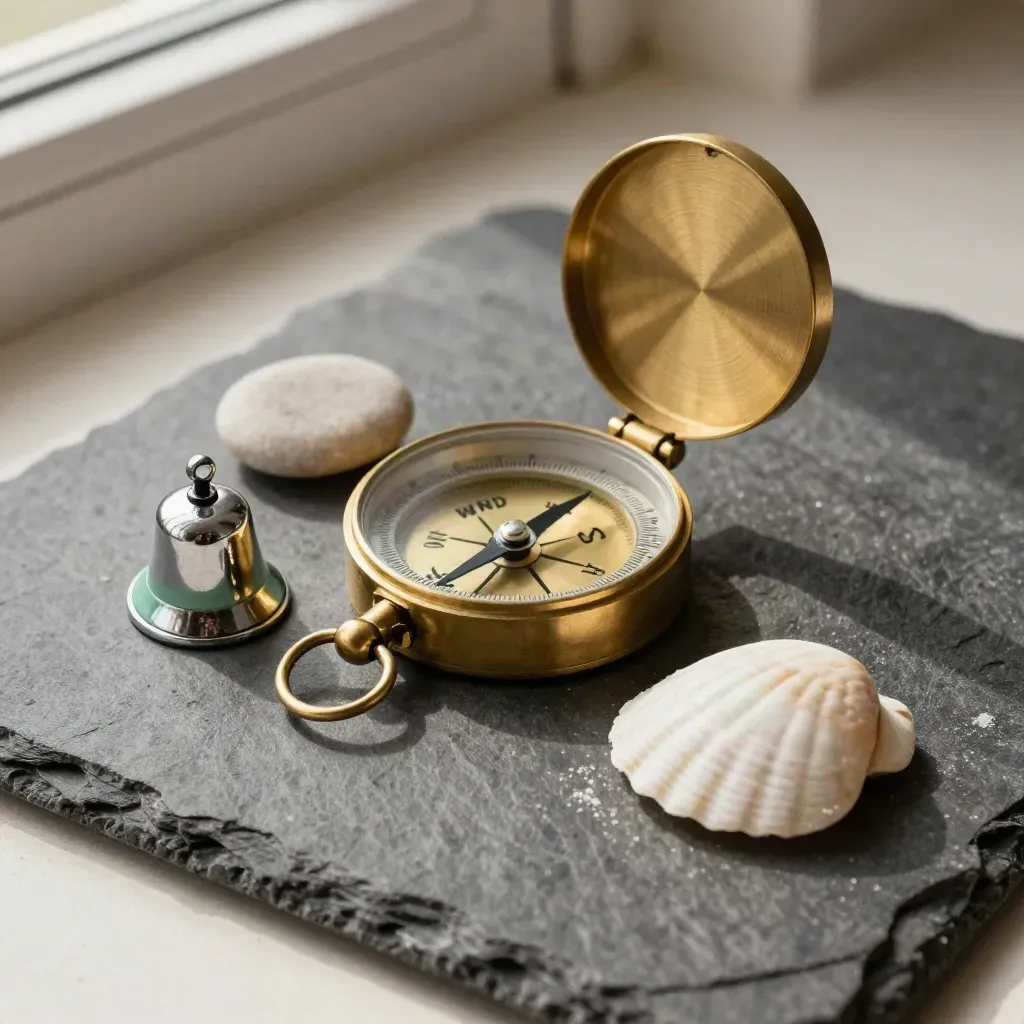 Brass compass, schelp en fietsbel op leisteen met zachte zeelucht en duingroene accenten.