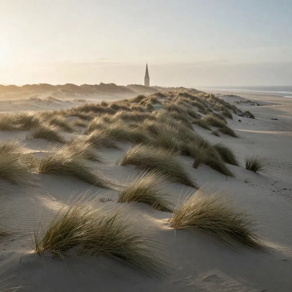 Domburgse duinen met helmgras, kerktoren en mistige zeehorizon in warm avondlicht.