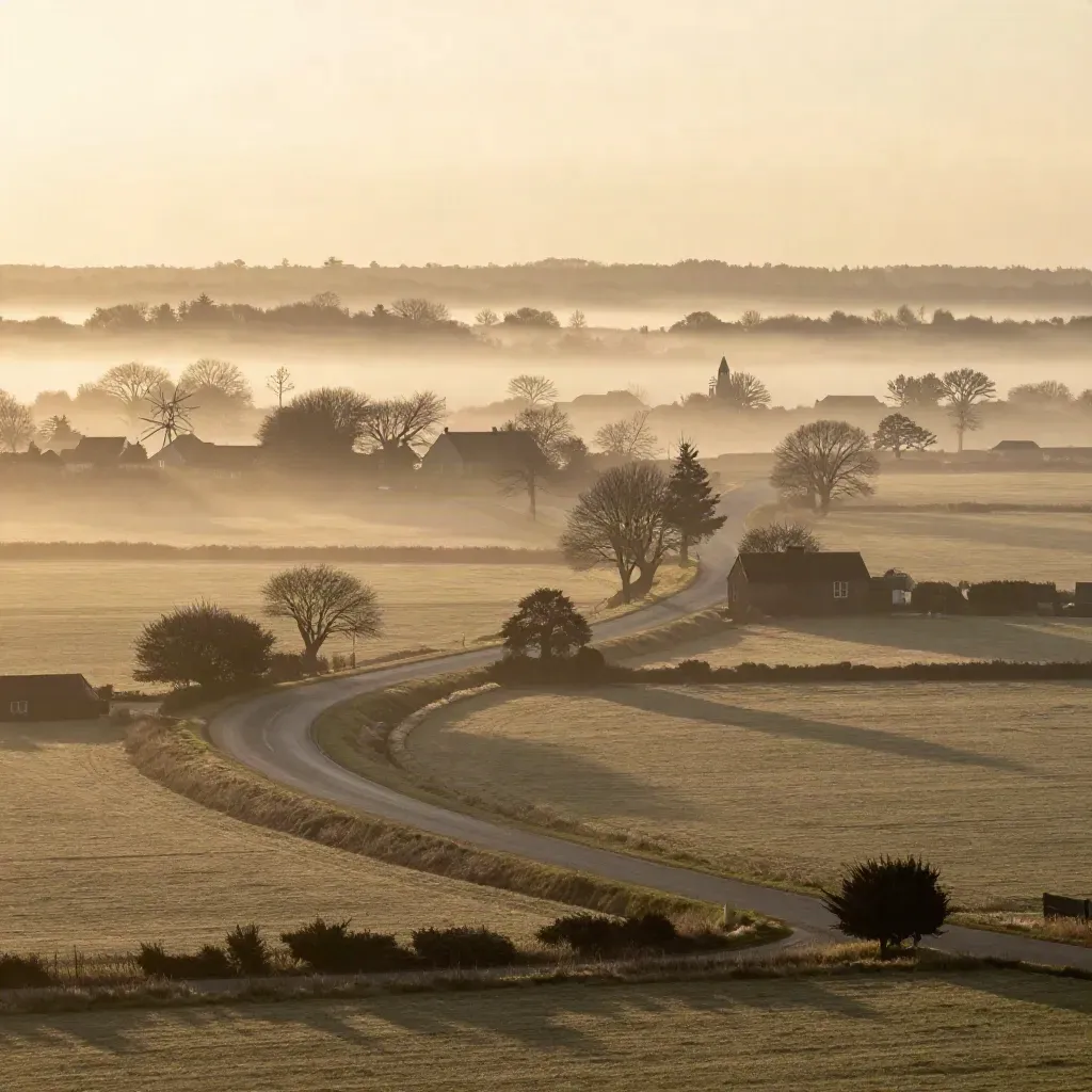 Mistige Walcherse polder bij zonsopkomst met kerktoren, boerderijdaken en kronkelende weggetjes.