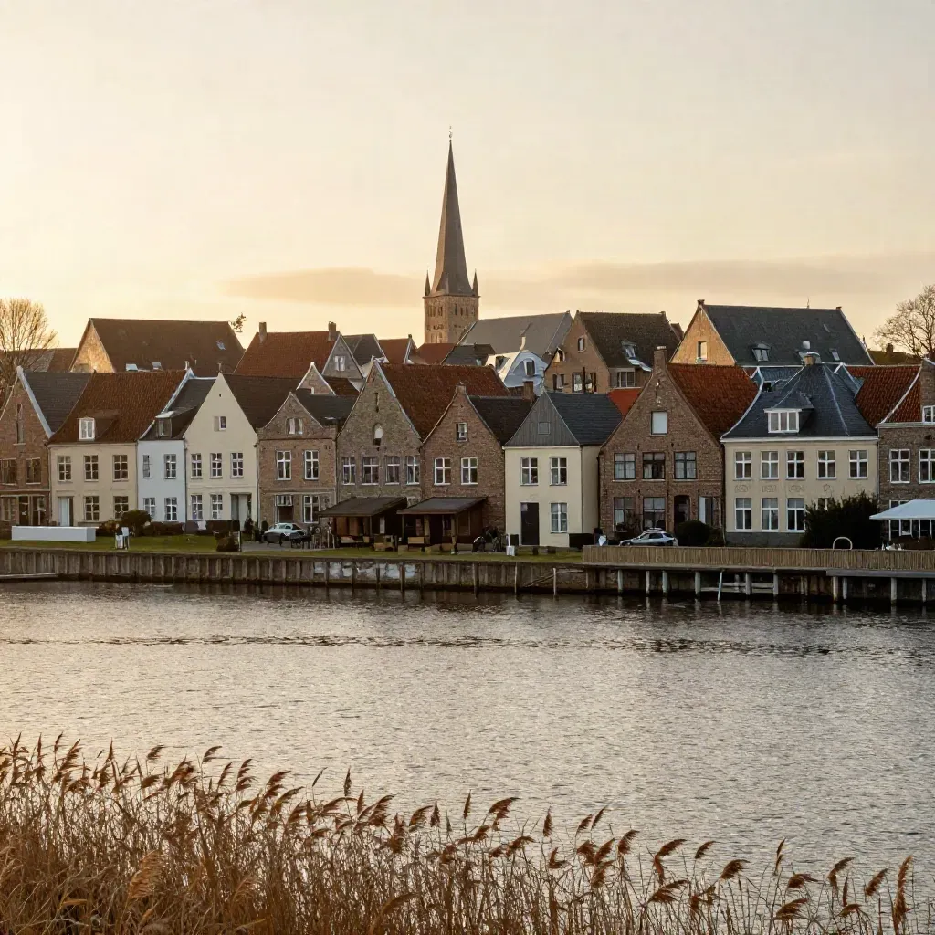 Veere-haven en Middelburgse torenspitsen boven een stille watervlakte in gouden avondlicht