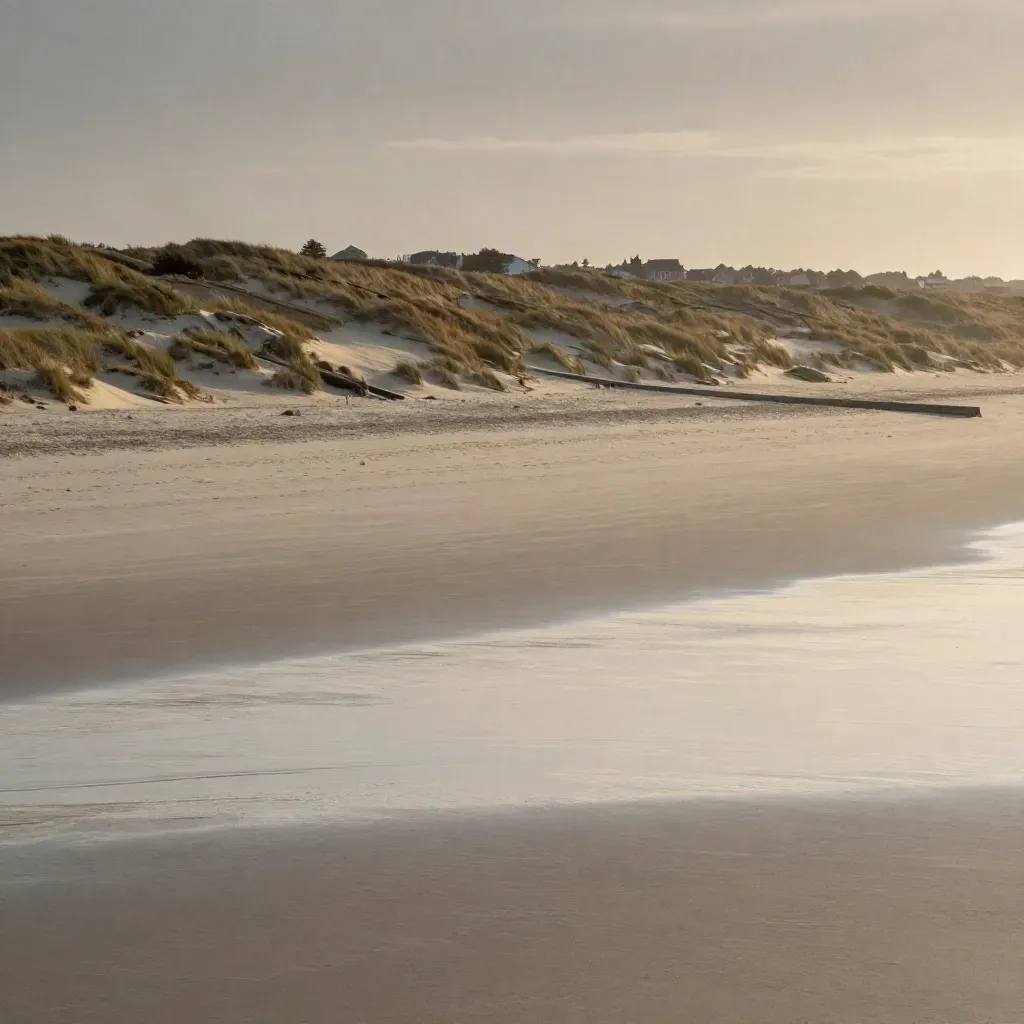 Zeeland kustlijn bij schemering met duinen, dijken en zachte mist boven kalme zandvlakte